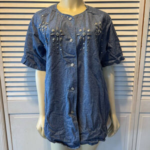 Women's Bonnie Blain Denim Button-Up Shirt XL Blue Embellished